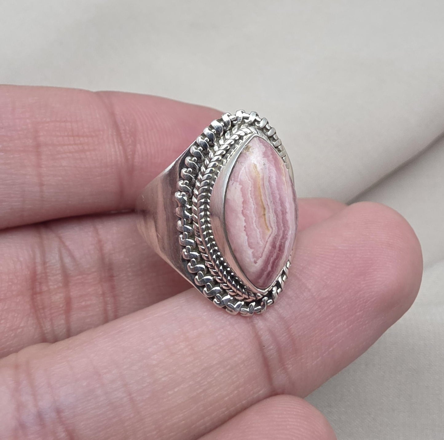 Rhodochrosite 925 Sterling Silver Ring Marquise Gemstone Boho Statement Ring Crystal Jewelry