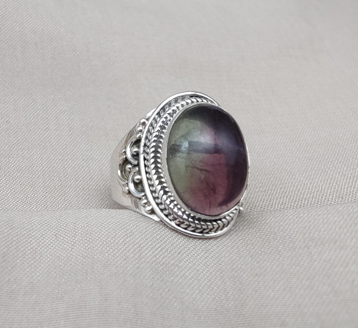 Rainbow Fluorite Ring: 925 Sterling Silver Boho Statement Jewelry