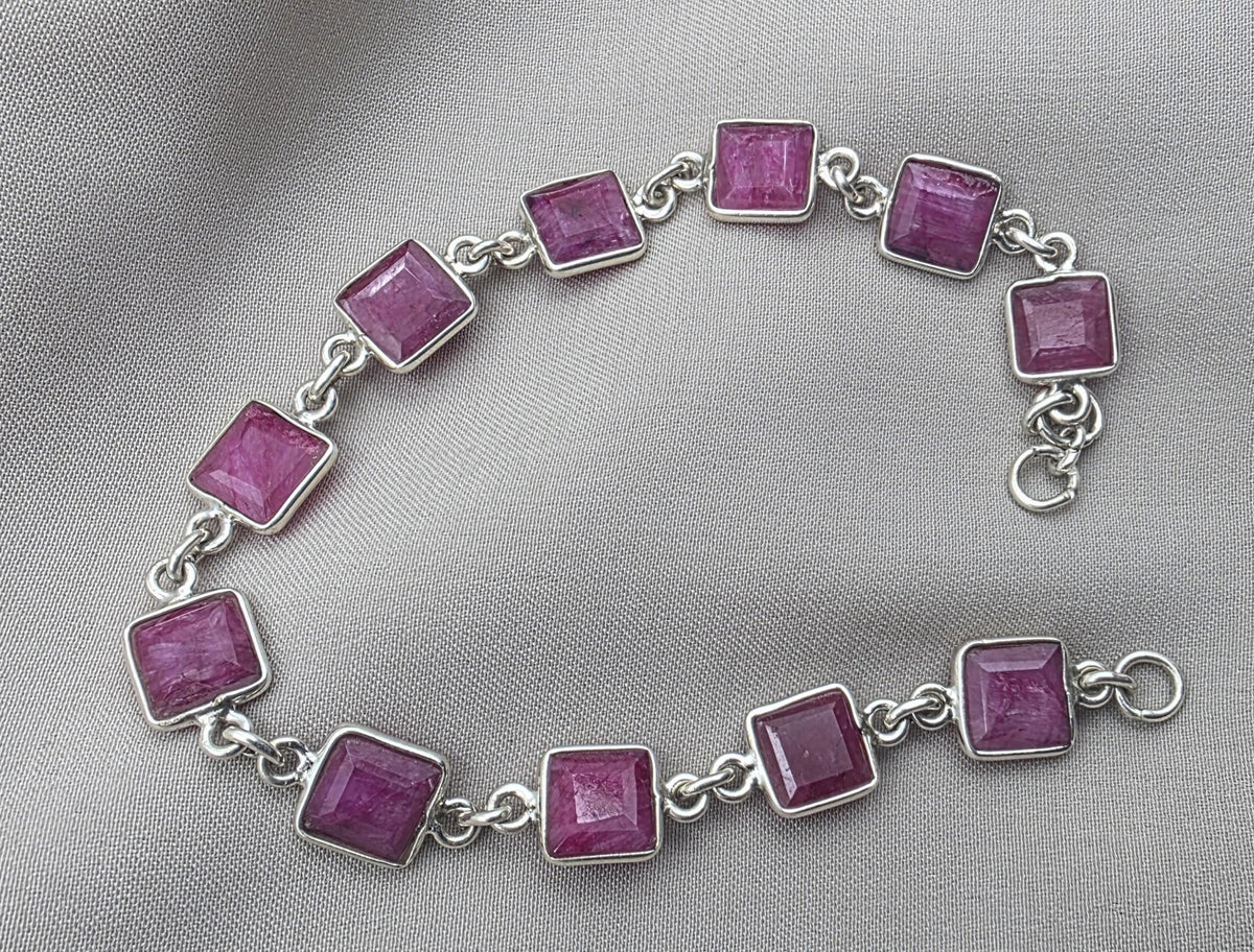 925 Sterling Silver Pink Ruby Bracelet Square Cut Gemstone Link Bracelet Gift for Her