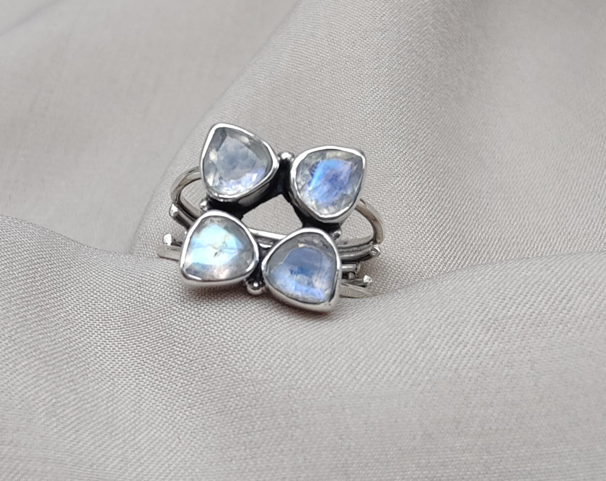 Rainbow Moonstone Floral Cluster Ring: Handmade 925 Sterling Silver