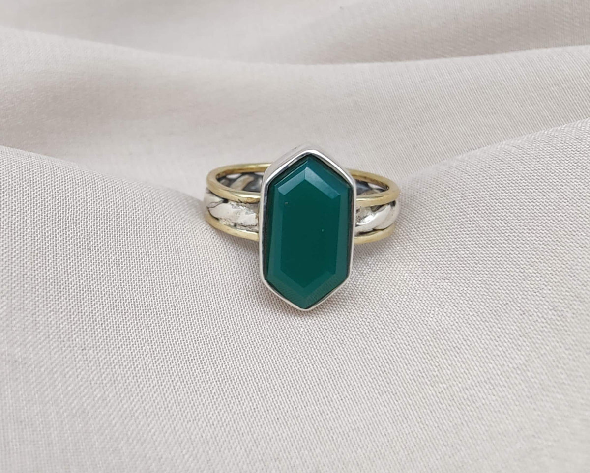 Green Onyx Sterling Silver Ring: Handmade Dual-Tone Band, Hexagon Cut