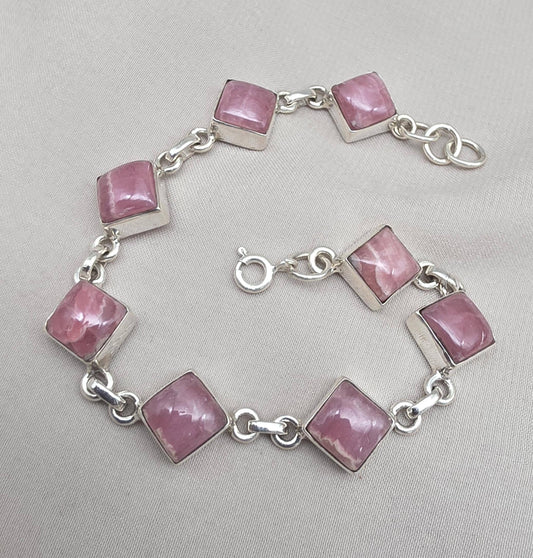 925 Sterling Silver Rhodochrosite Bracelet Pink Gemstone Square Link Bracelet Gift for Her