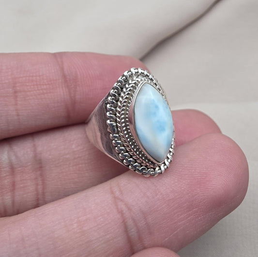 Natural Larimar Ring 925 Sterling Silver Larimar Marquise Cut Gemstone Boho Statement Jewelry