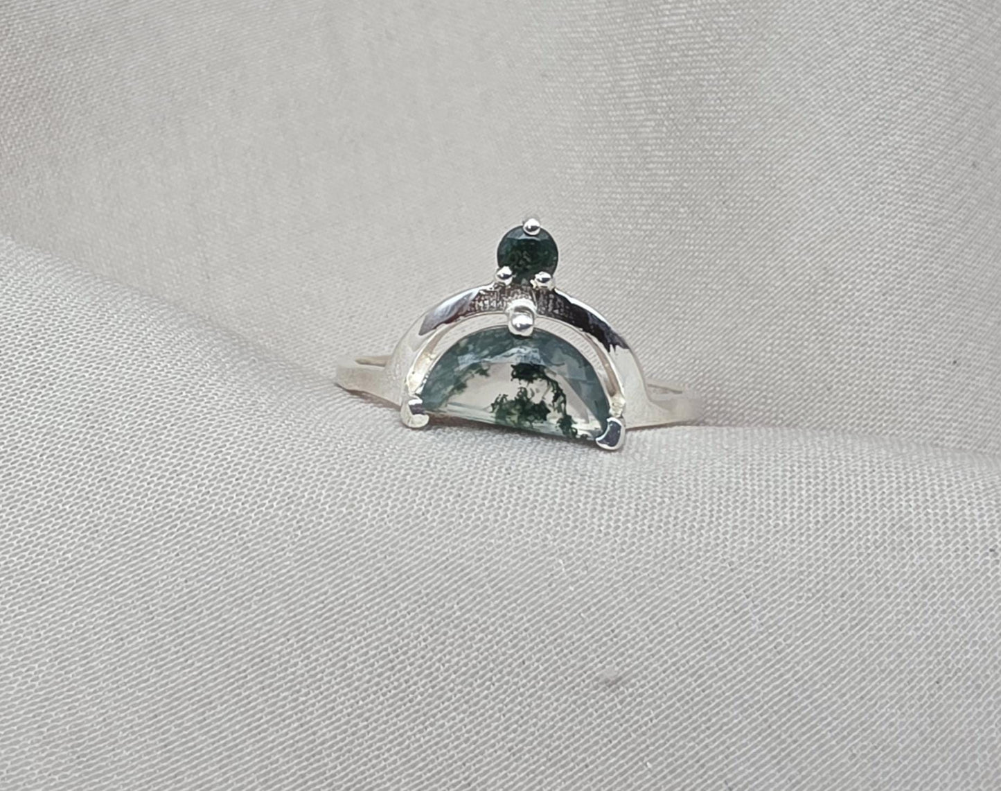 Moss Agate Ring 925 Silver Dual Stone Statement Ring Nature Gemstone