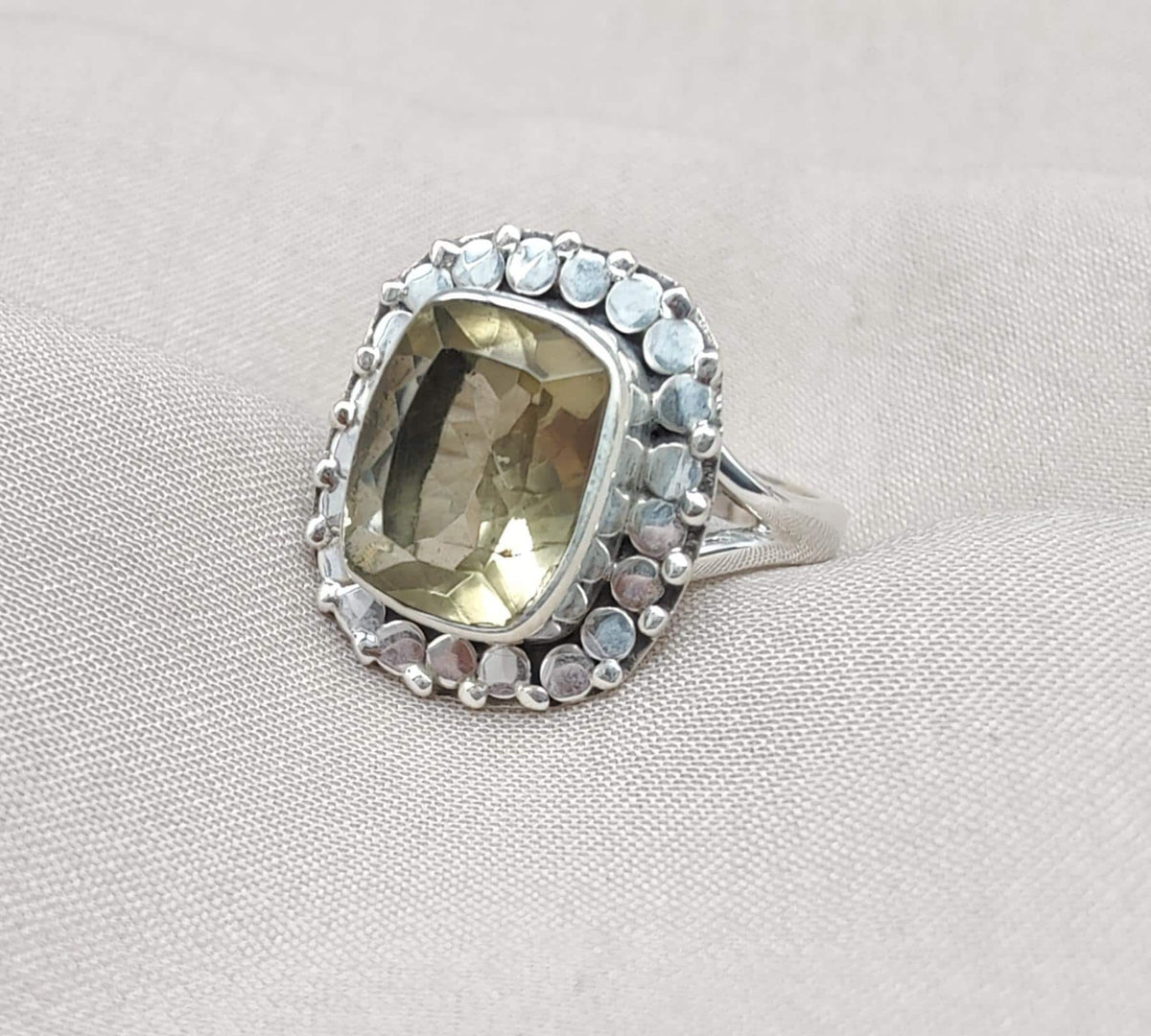 Lemon Quartz Sterling Silver Ring: Cushion Cut Cocktail Statement Jewelry
