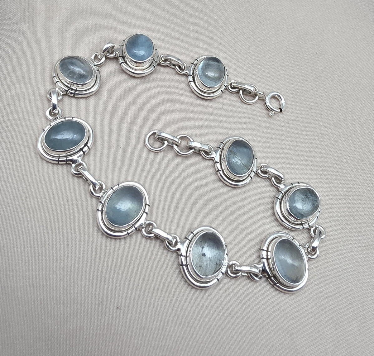 925 Sterling Silver Aqua Milky Gemstone Bracelet Natural Blue Cabochon Handmade Jewelry