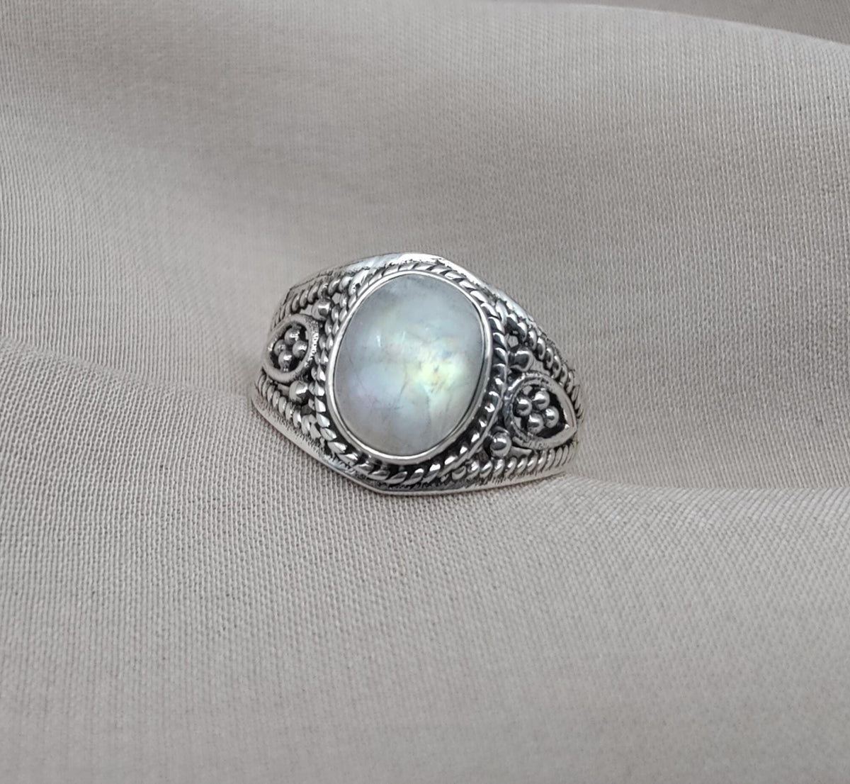 Rainbow Moonstone Ring: Oxidized 925 Sterling Silver, Boho Floral Design