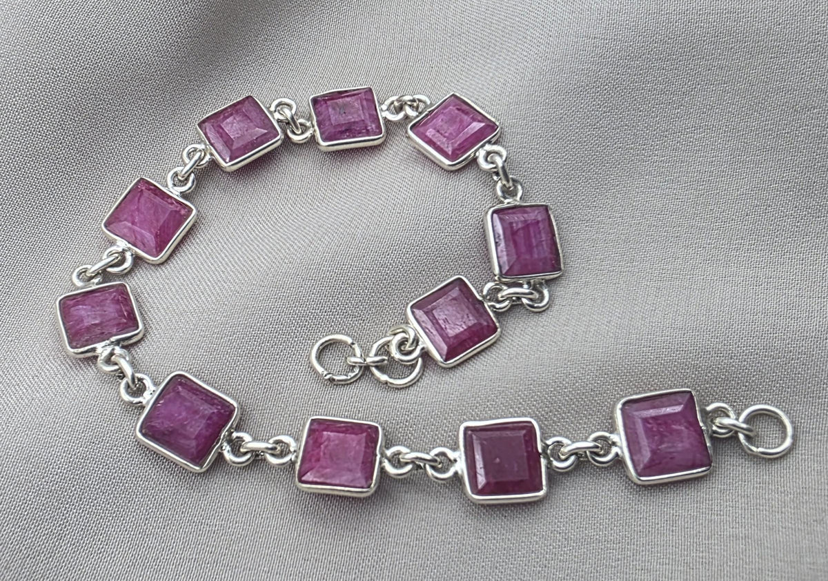 925 Sterling Silver Pink Ruby Bracelet Square Cut Gemstone Link Bracelet Gift for Her