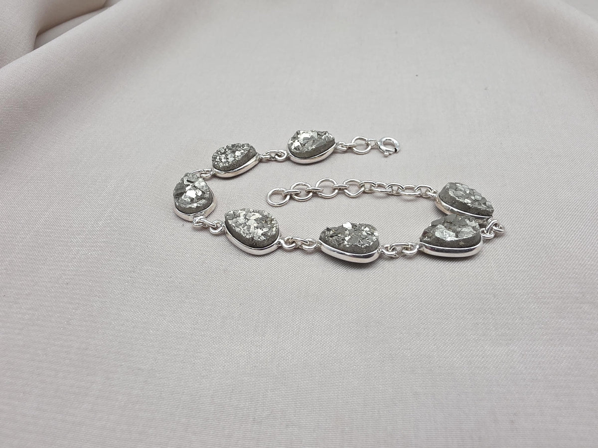 925 Sterling Silver Pyrite Druzy Bracelet Sparkling Gemstone Statement Jewelry Gift for Her