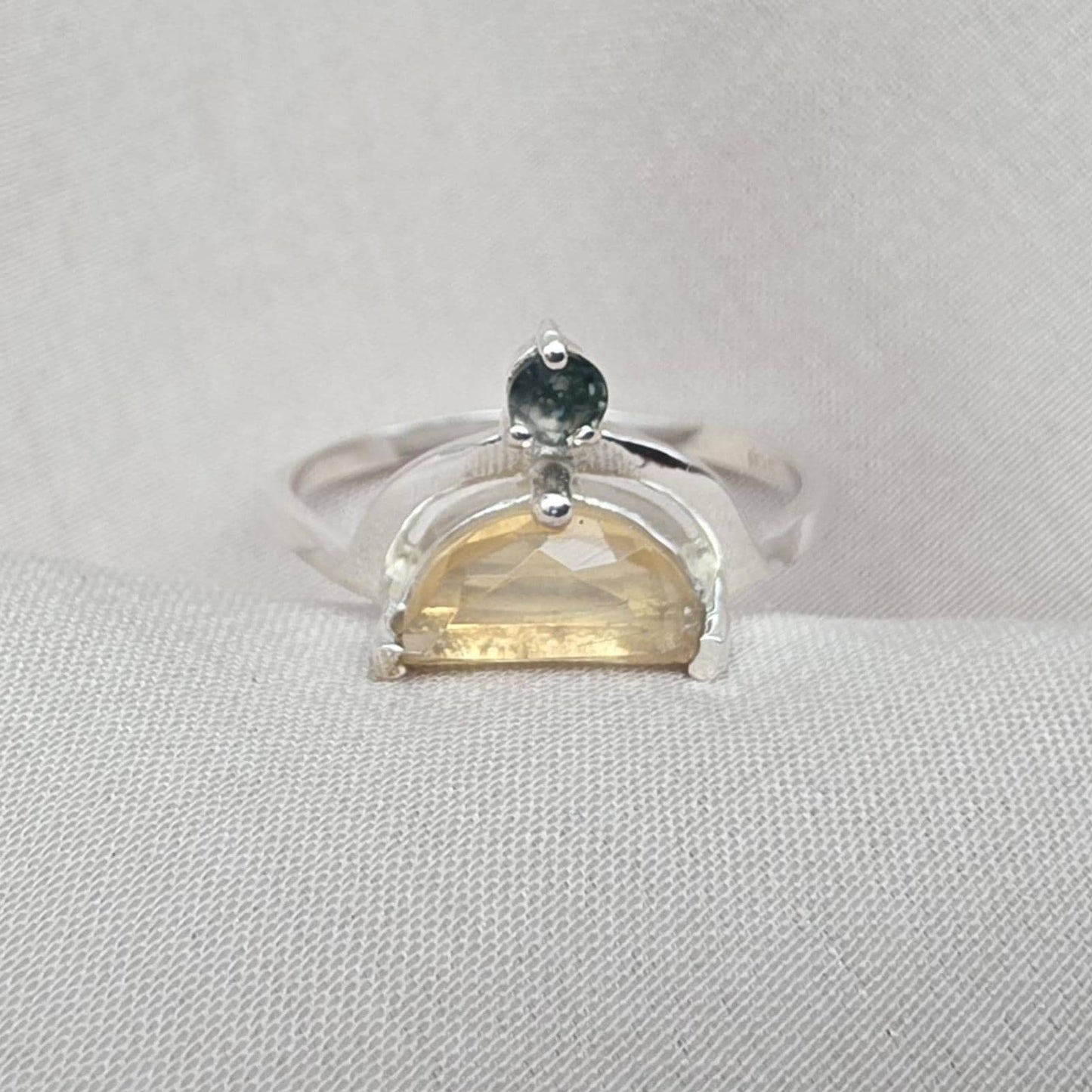 Citrine Ring 925 Sterling Silver Dual Stone Moss Agate Statement Ring