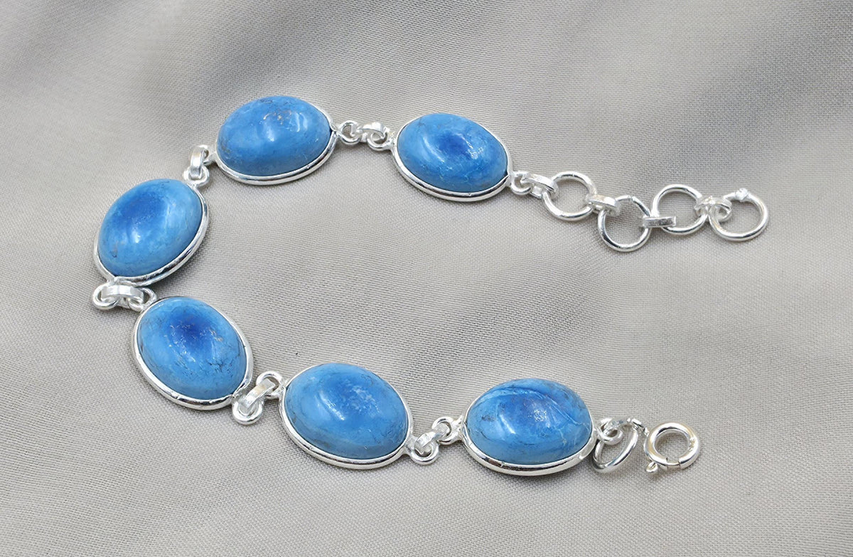925 Sterling Silver Larimar Bracelet Natural Blue Gemstone Oval Link Jewelry