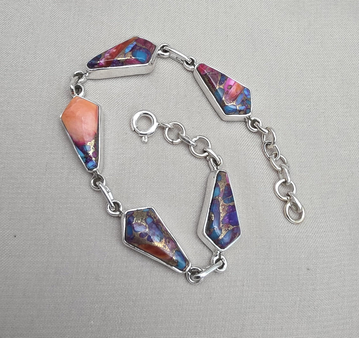 Spiny Oyster Turquoise 925 Sterling Silver Multi Stone Link Bracelet Handmade Boho Statement Jewelry