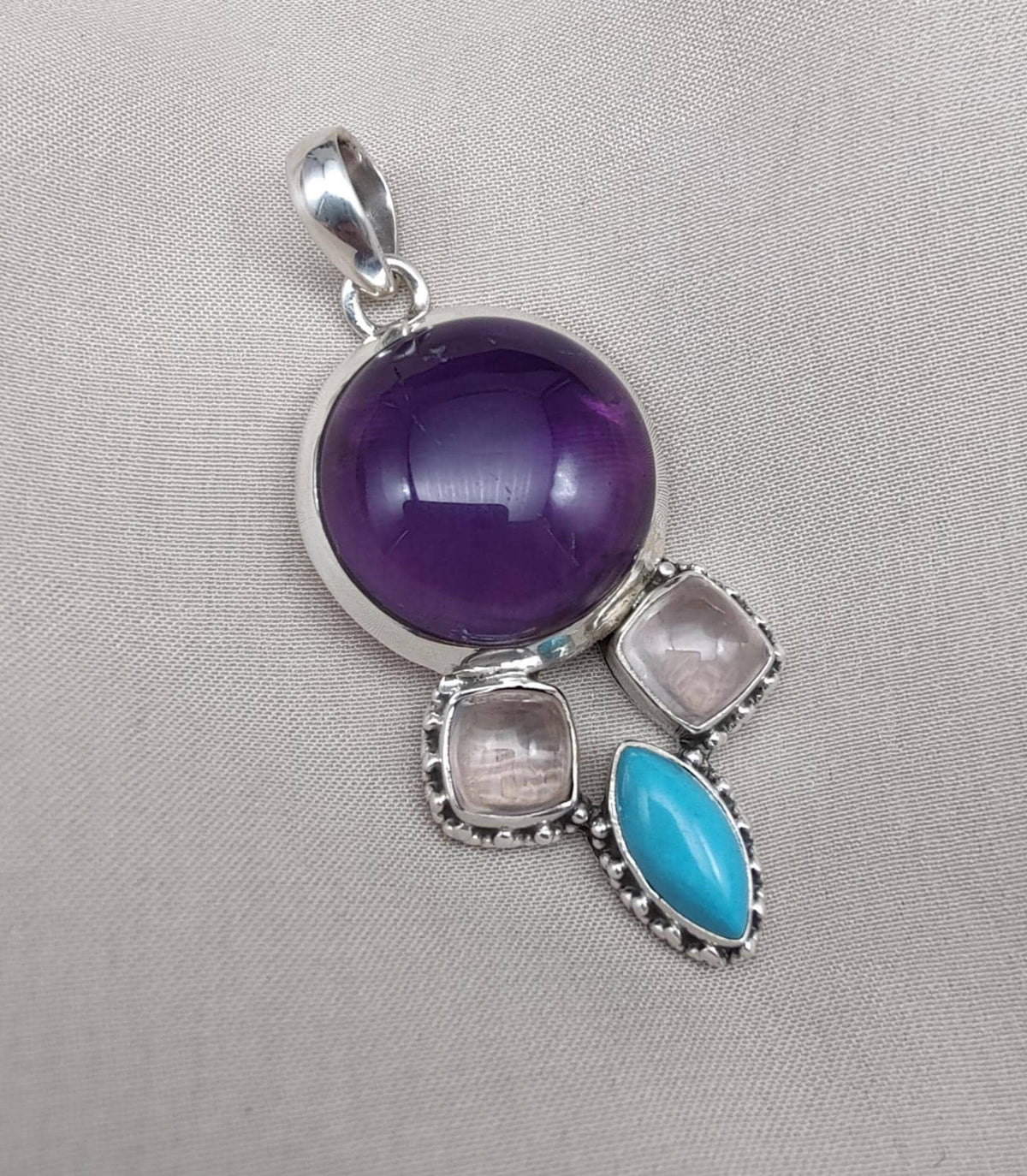 Amethyst Rose Quartz Turquoise Pendant: 925 Silver Healing Crystal Boho Necklace