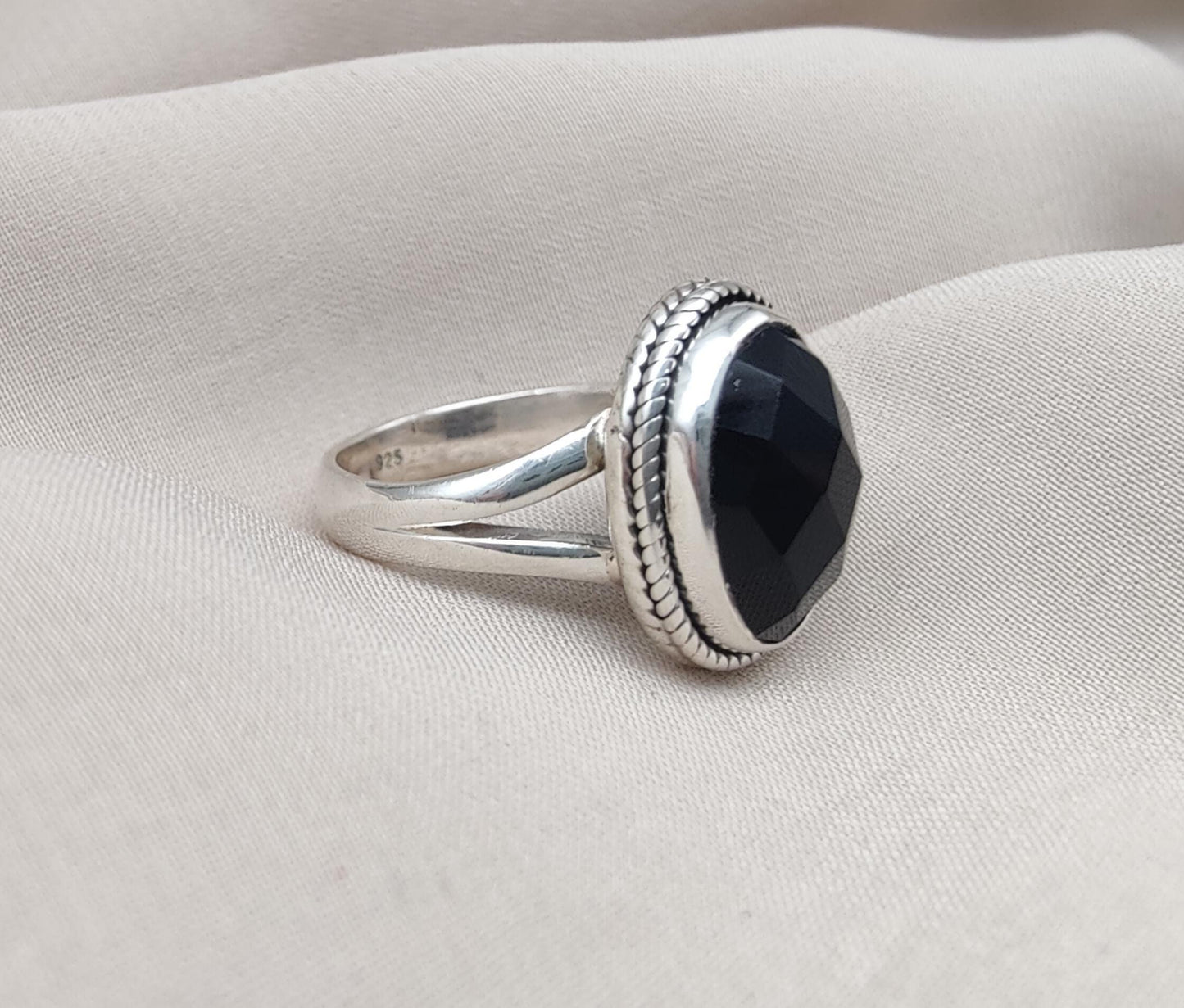 Black Onyx Ring: Faceted Oval Gemstone, 925 Sterling Silver, Boho Protection Jewelry