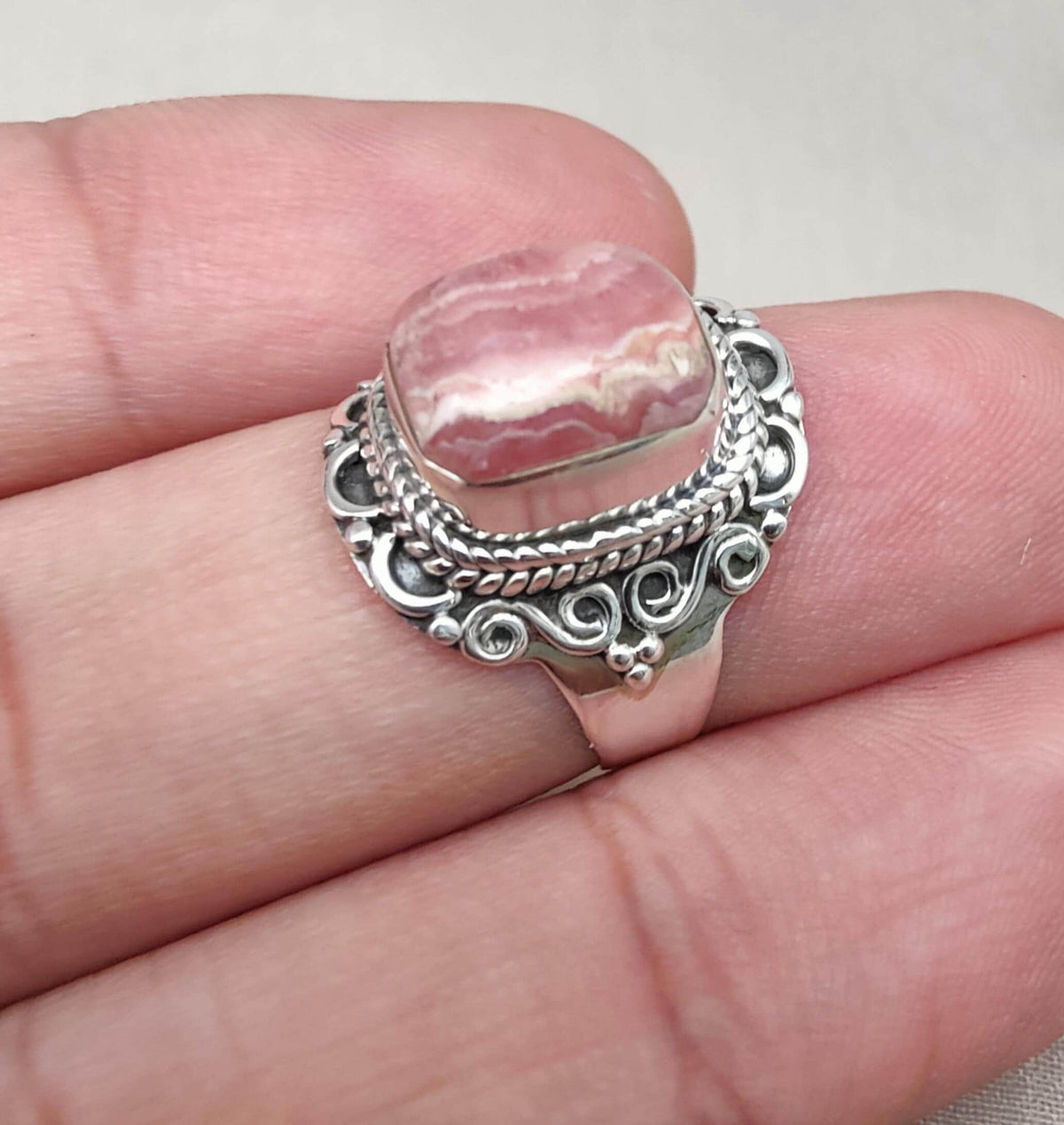 Handmade Rhodochrosite Sterling Silver Ring: Boho October Birthstone
