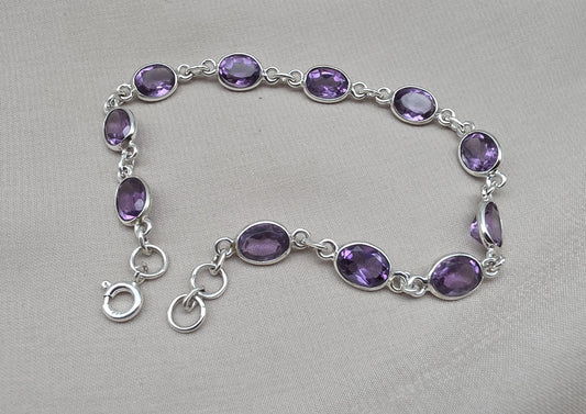 925 Sterling Silver Amethyst Bracelet Natural Purple Gemstone Oval Link Jewelry