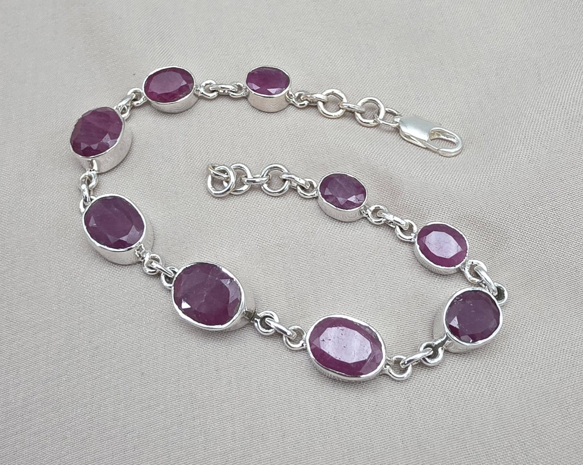 Ruby Oval Link Bracelet 925 Sterling Silver Faceted Gemstone Handmade Red Gemstone Jewelry