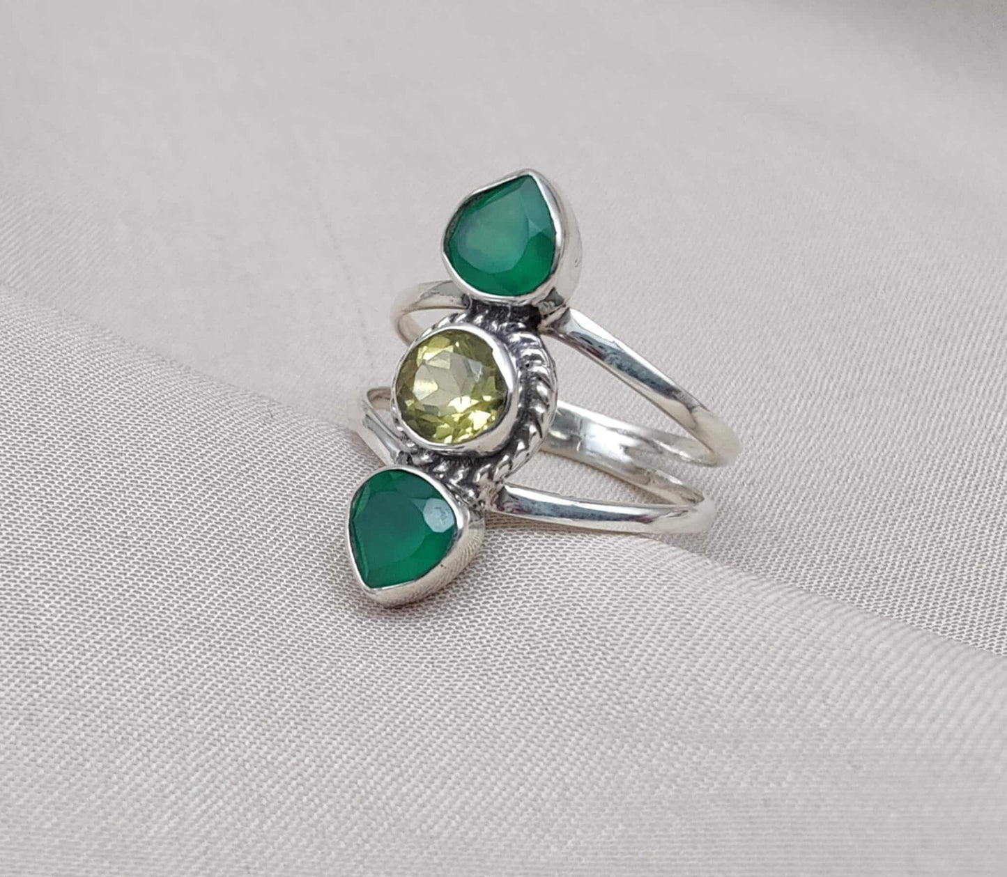 Green Onyx & Lemon Quartz 925 Sterling Silver Ring: Boho Statement Jewelry