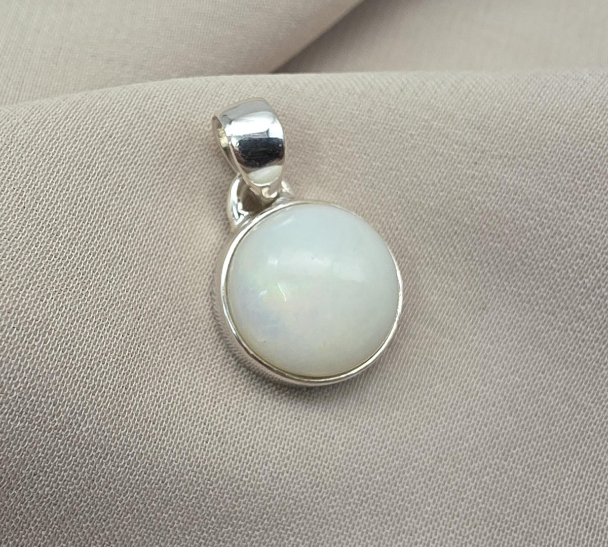 Natural White Opal Round Pendant 925 Sterling Silver Handmade Cabochon Gemstone Jewelry