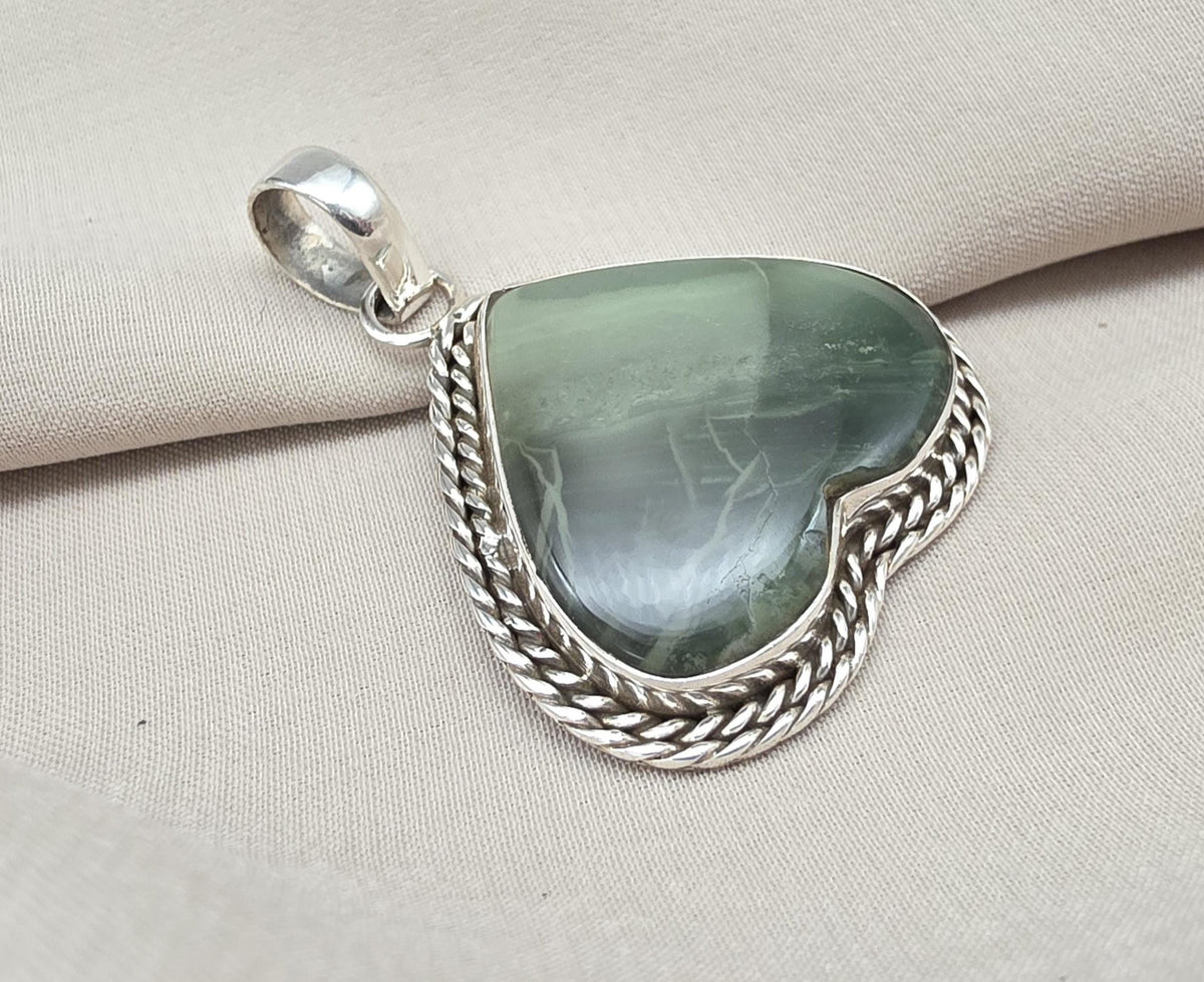 Seraphinite Pendant: 925 Sterling Silver, Healing Crystal Jewelry Heart shape Unique Pendant