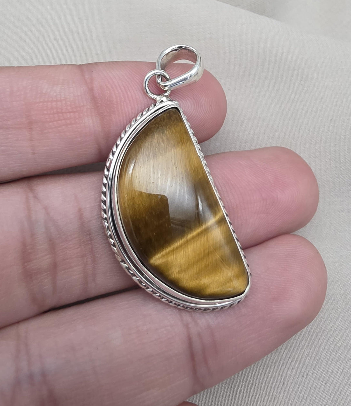 Half Moon Tiger Eye Pendant: 925 Sterling Silver Protection Gemstone Necklace Courage Jewelry