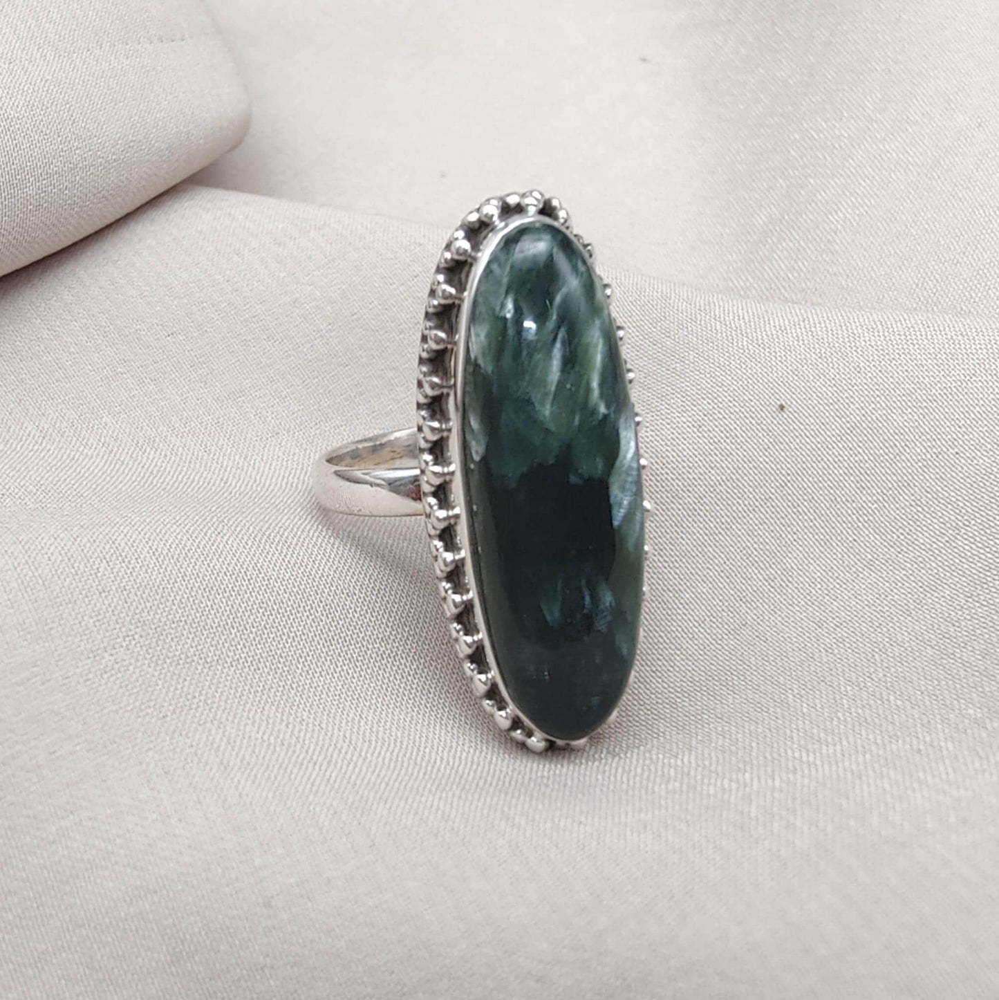 Seraphinite 925 Sterling Silver Ring Handmade Boho Vintage Statement Jewelry