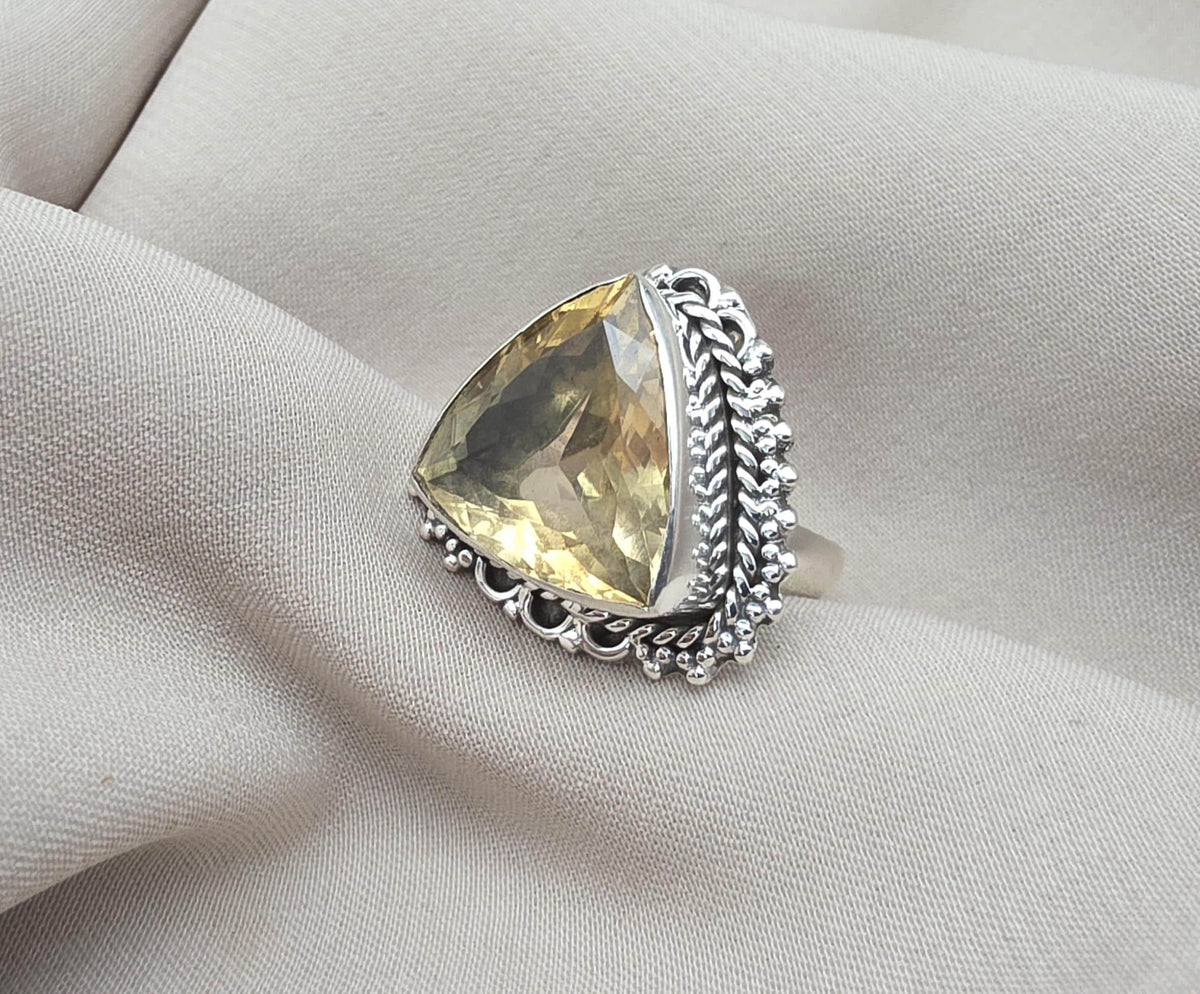 Lemon Quartz Ring 925 Sterling Silver Natural Yellow Gemstone Triangle Cut Ring