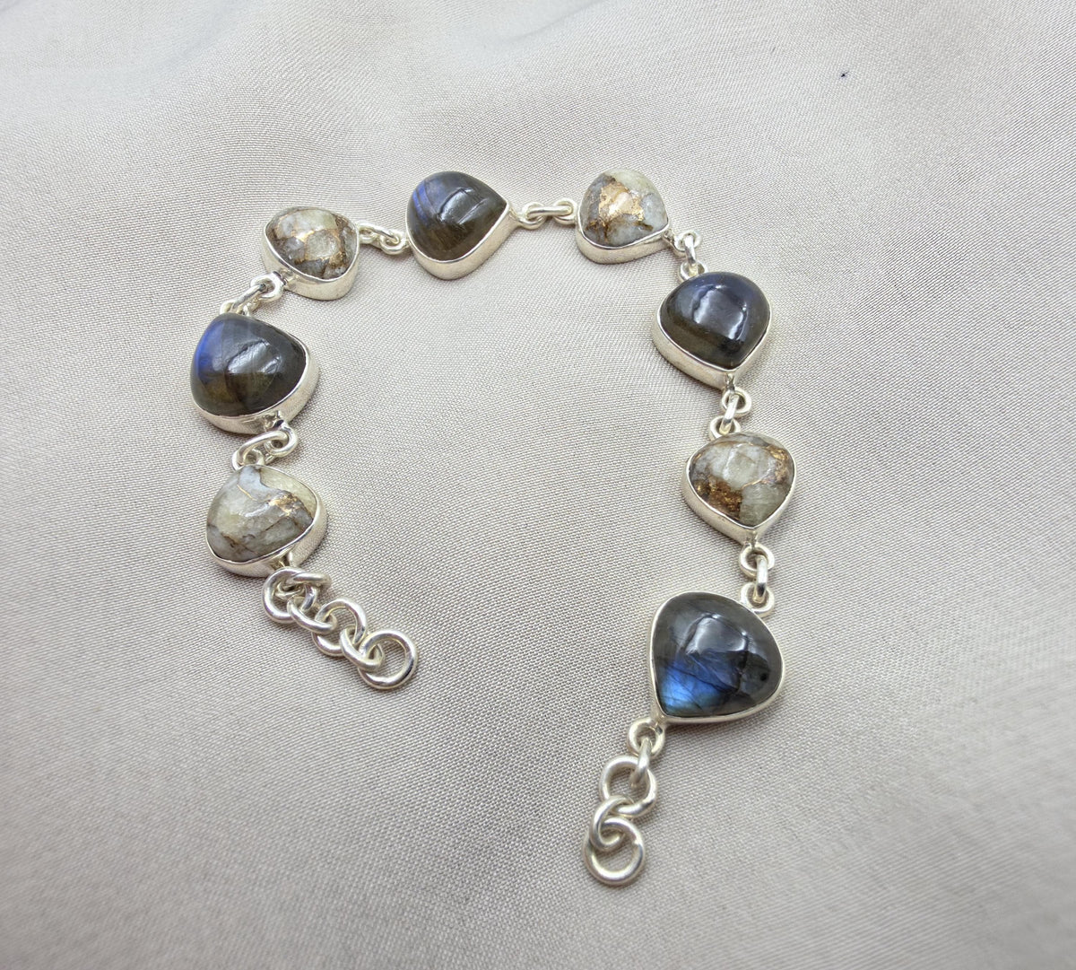 925 Sterling Silver Labradorite & Copper Calcite Bracelet Natural Gemstone Link Bracelet Handmade Boho Jewelry