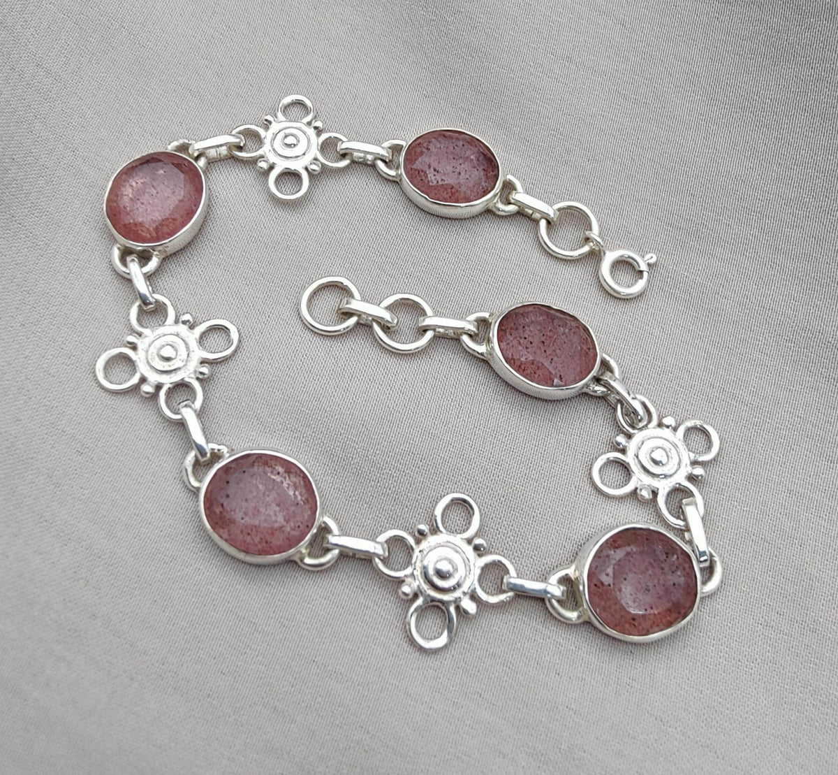 Pink Strawberry Quartz 925 Sterling Silver Bracelet | Handmade Adjustable Gemstone Jewelry Gift for Women