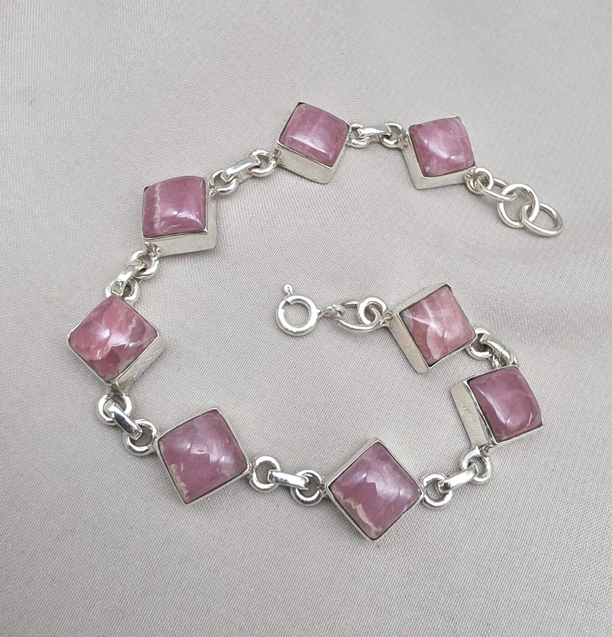 925 Sterling Silver Rhodochrosite Bracelet Pink Gemstone Square Link Bracelet Gift for Her