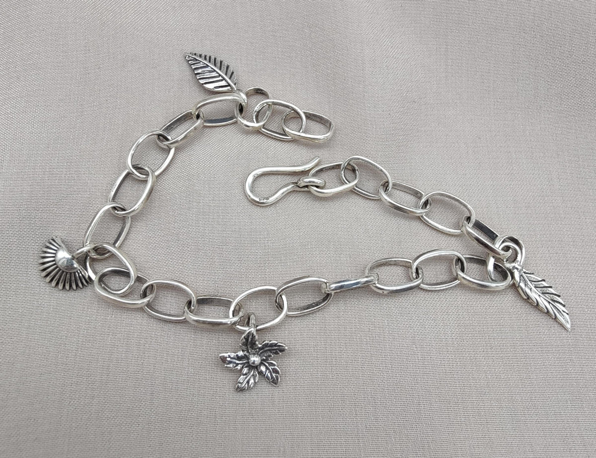 Sterling Silver Charm Bracelet: Leaf, Shell & Flower Charms - Handmade