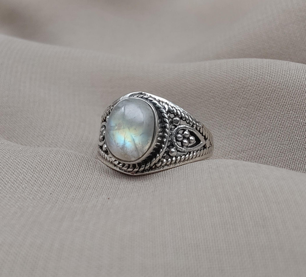 Rainbow Moonstone Ring: Oxidized 925 Sterling Silver, Boho Floral Design