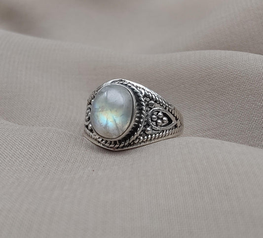 Rainbow Moonstone Ring: Oxidized 925 Sterling Silver, Boho Floral Design