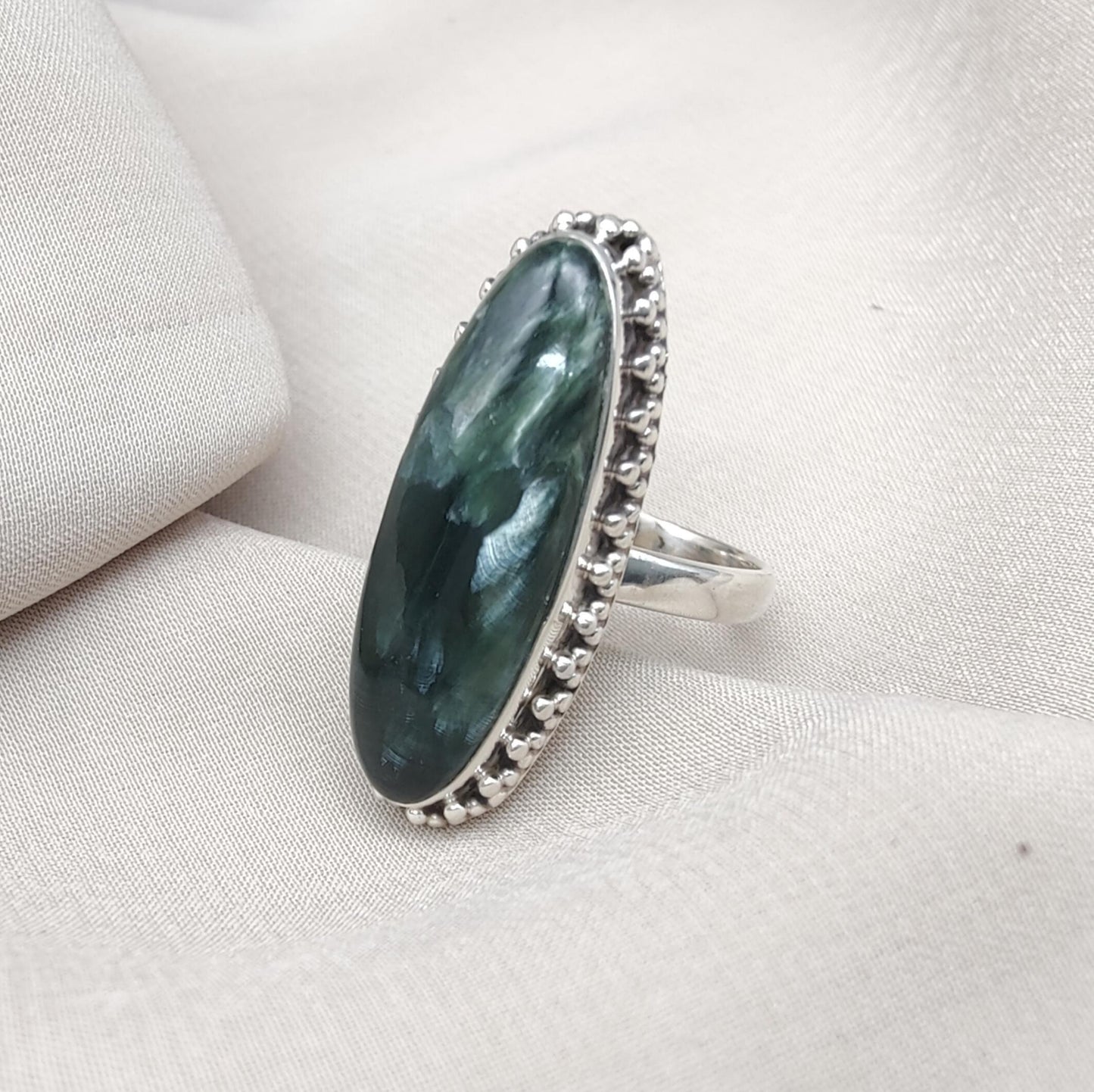 Seraphinite 925 Sterling Silver Ring Handmade Boho Vintage Statement Jewelry