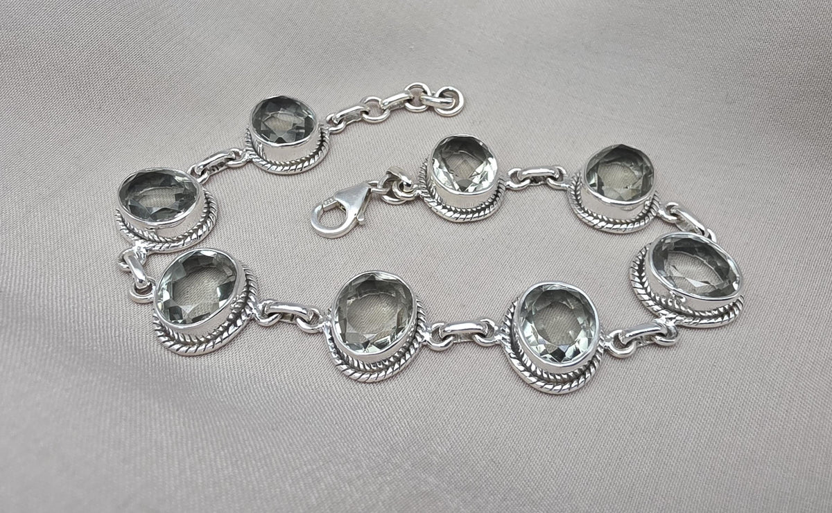 925 Sterling Silver Green Amethyst Bracelet Oval Prasiolite Gemstone Vintage Boho Bracelet for Women