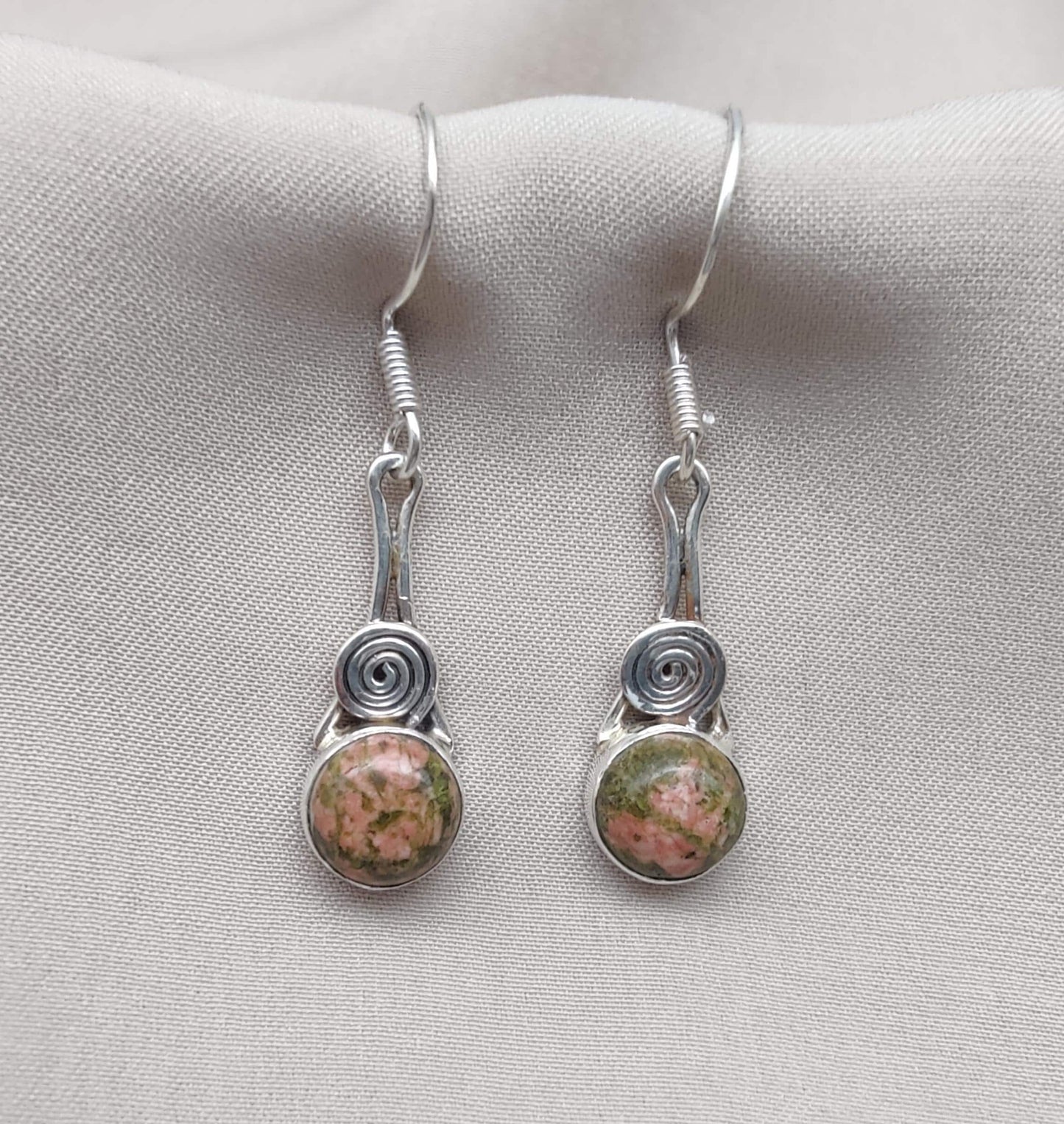Unakite Dangle Earrings: 925 Sterling Silver, Boho Healing Stone