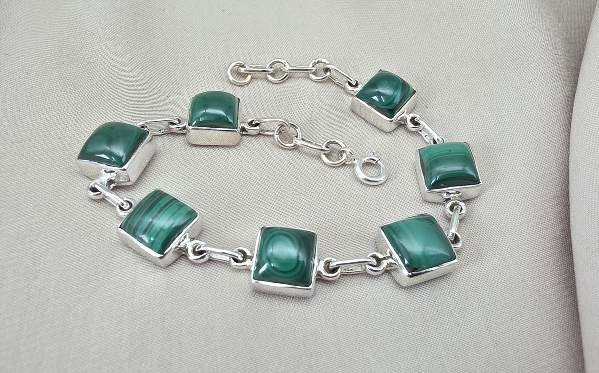 Malachite Bracelet 925 Sterling Silver Square Cabochon Link Bracelet Green Gemstone Handmade Jewelry Gift
