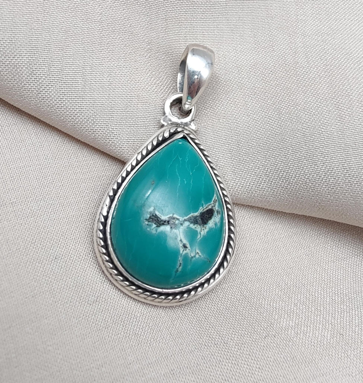 Tibetan Turquoise Pear Pendant: Sterling Silver Boho Necklace