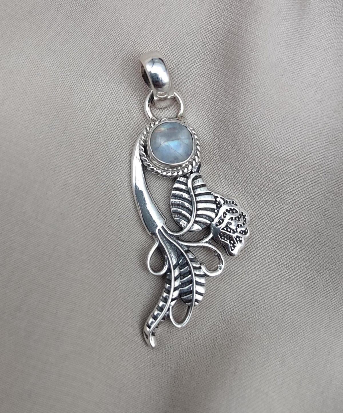 Rainbow Moonstone Silver Pendant: Artisan Floral Leaf Design, Boho Charm