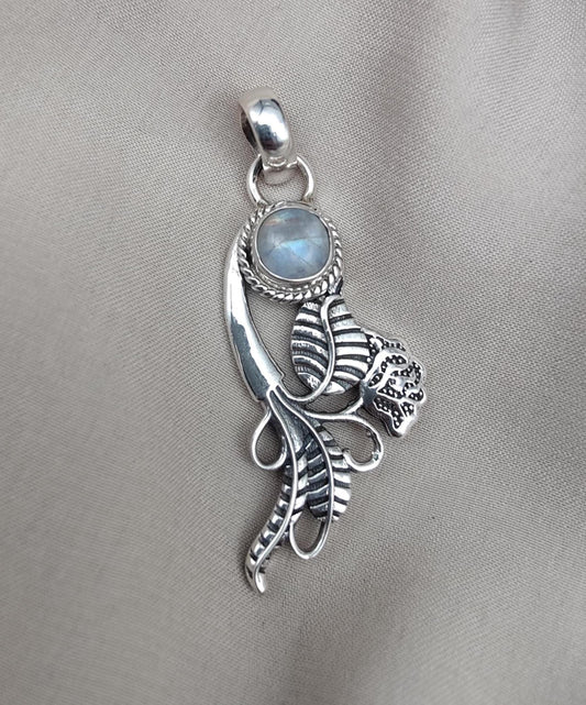 Rainbow Moonstone Silver Pendant: Artisan Floral Leaf Design, Boho Charm