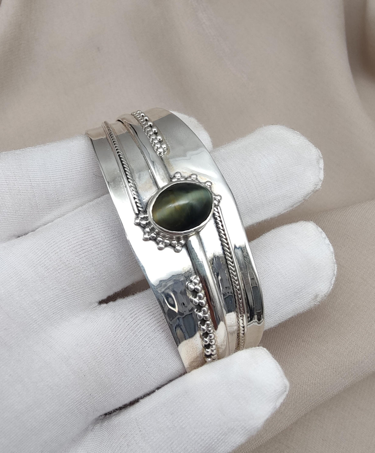 Cat's Eye Sterling Silver Cuff Bangle: Handmade Boho Jewelry