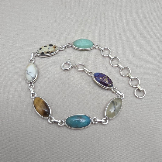925 Sterling Silver Boho Bracelet Multi Gemstone Colorful Statement Jewelry