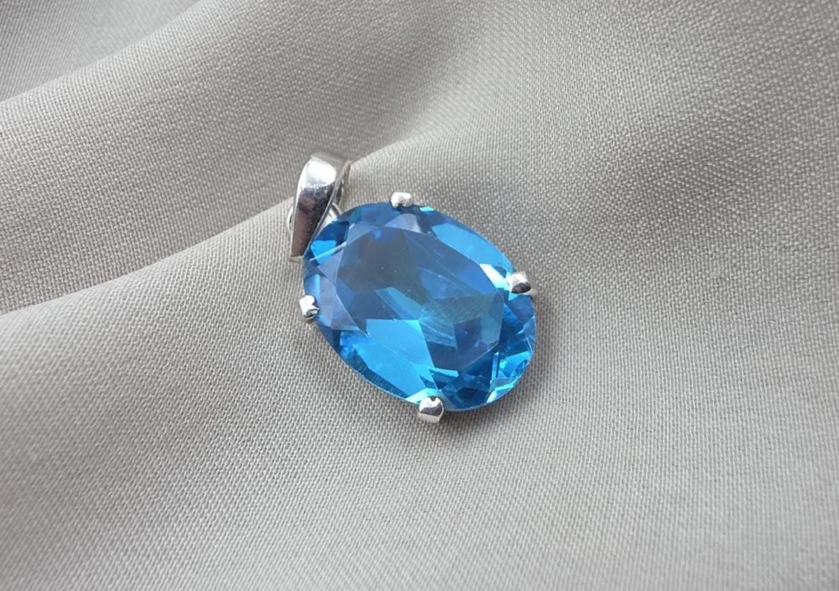 925 Sterling Silver Oval Blue Quartz Pendant, Natural Gemstone Charm, Boho Statement Jewelry
