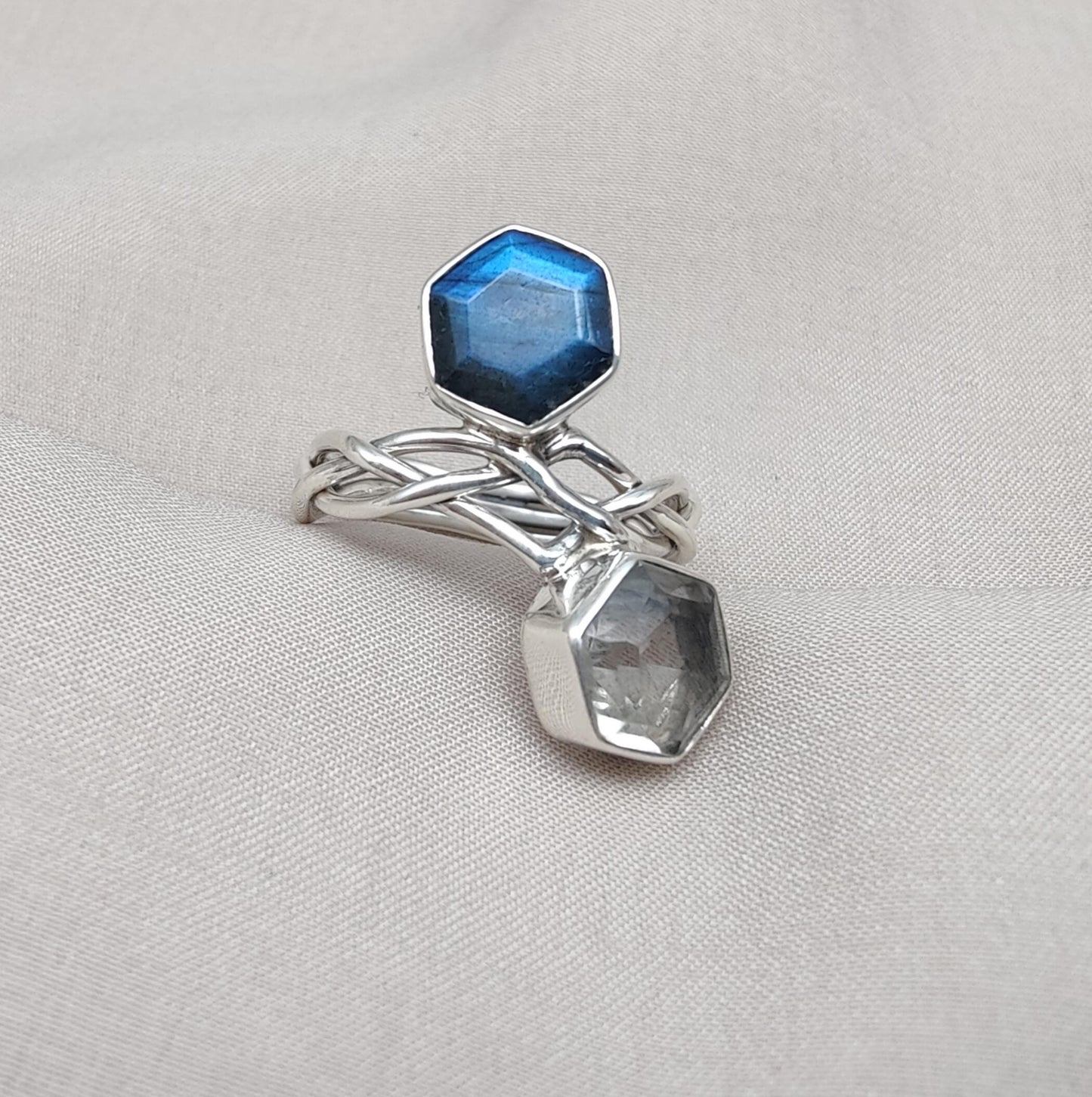 Labradorite & Green Amethyst 925 Sterling Silver Ring: Adjustable Double Stone