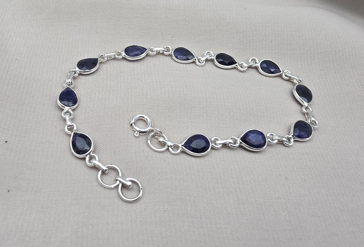 925 Sterling Silver Sapphire Bracelet Natural Blue Gemstone Pear Link Jewelry