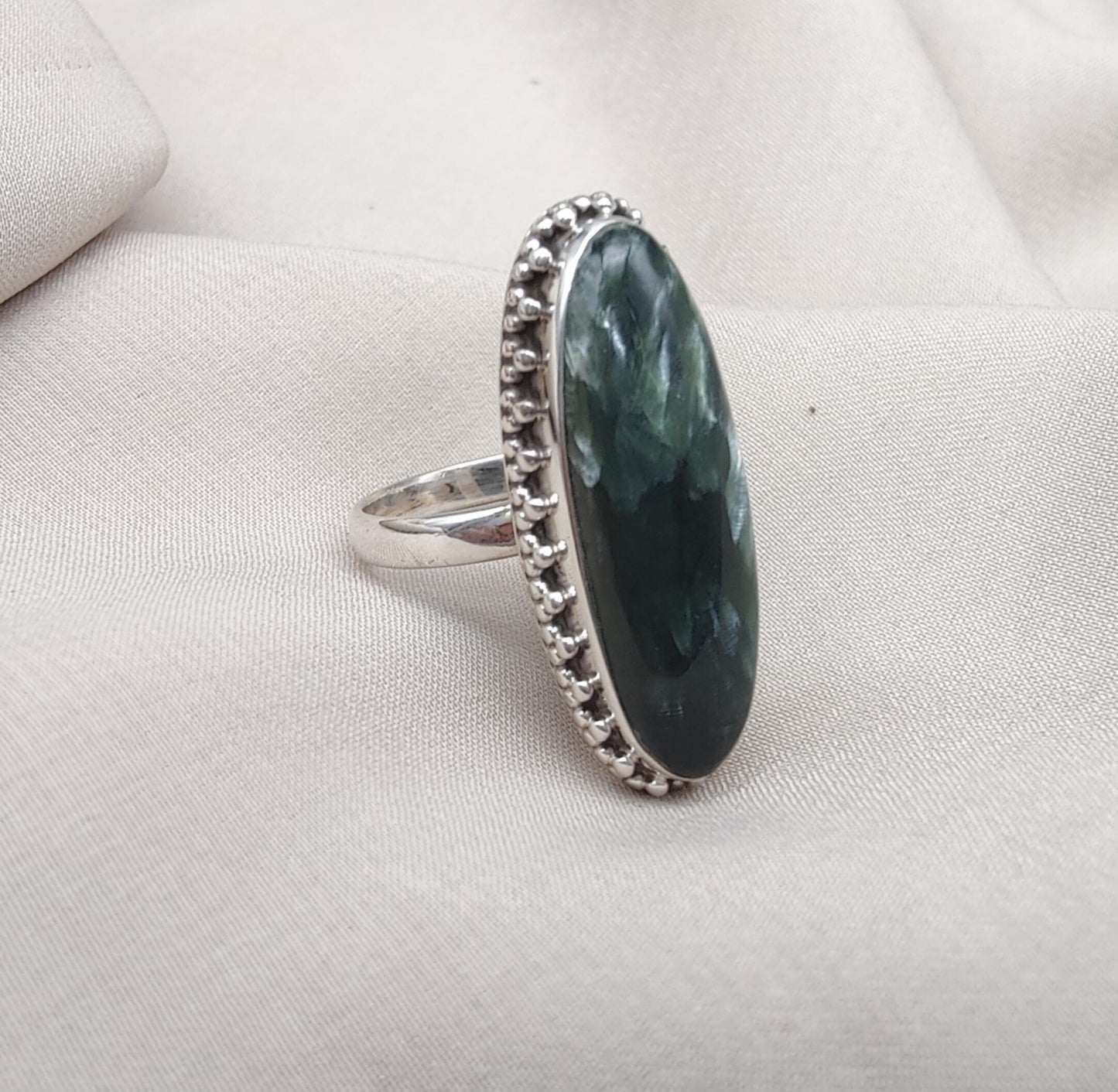 Seraphinite 925 Sterling Silver Ring Handmade Boho Vintage Statement Jewelry