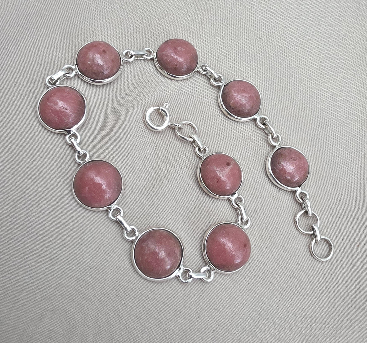 Rhodochrosite Bracelet 925 Sterling Silver Round Cabochon Pink Gemstone Link Bracelet Handmade Jewelry