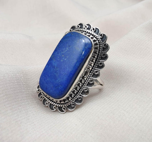 Natural Lapis Lazuli 925 Sterling Silver Ring: Boho September Birthstone Handmade