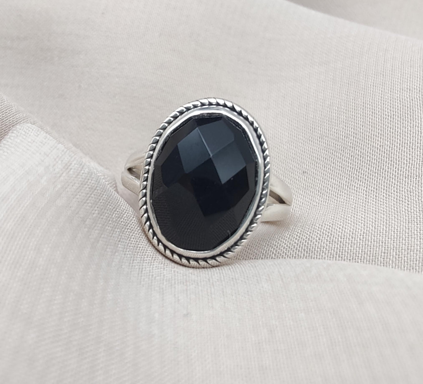 Black Onyx Ring: Faceted Oval Gemstone, 925 Sterling Silver, Boho Protection Jewelry