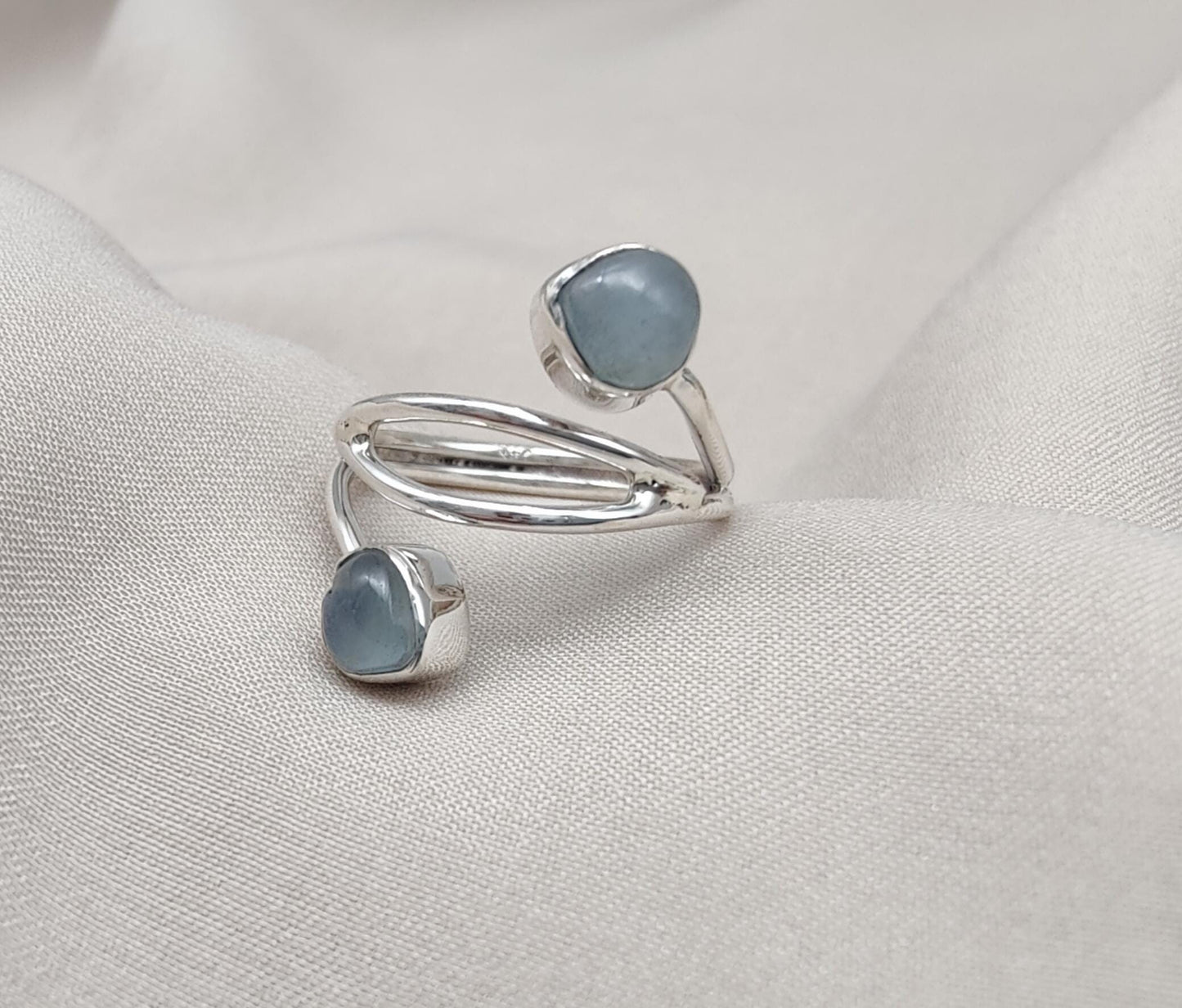 Aqua Milky Quartz 925 Sterling Silver Ring: Adjustable Open Wrap Design